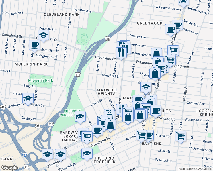 map of restaurants, bars, coffee shops, grocery stores, and more near 413 Myrtle Street in Nashville
