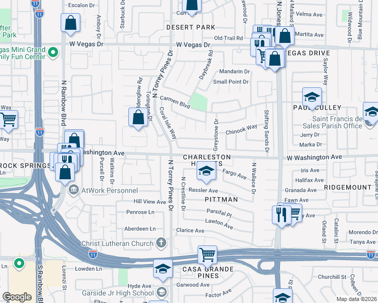 map of restaurants, bars, coffee shops, grocery stores, and more near 6348 Greyhawk Avenue in Las Vegas