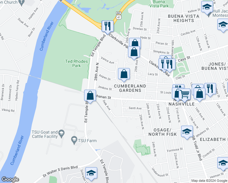 map of restaurants, bars, coffee shops, grocery stores, and more near 2609 Jenkins Street in Nashville