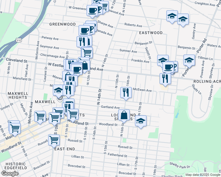 map of restaurants, bars, coffee shops, grocery stores, and more near 1415 Calvin Avenue in Nashville