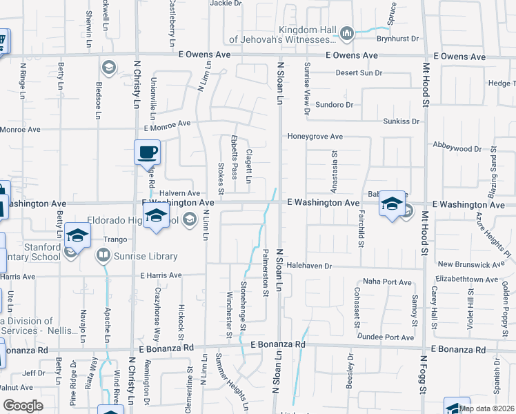 map of restaurants, bars, coffee shops, grocery stores, and more near 5830 Auckland Drive in Las Vegas