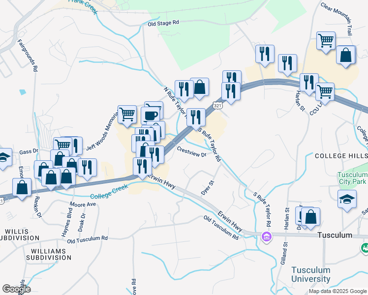 map of restaurants, bars, coffee shops, grocery stores, and more near 101 Crestview Drive in Greeneville
