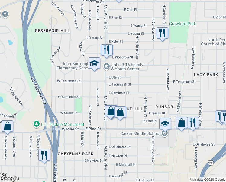 map of restaurants, bars, coffee shops, grocery stores, and more near 225 East Seminole Place in Tulsa
