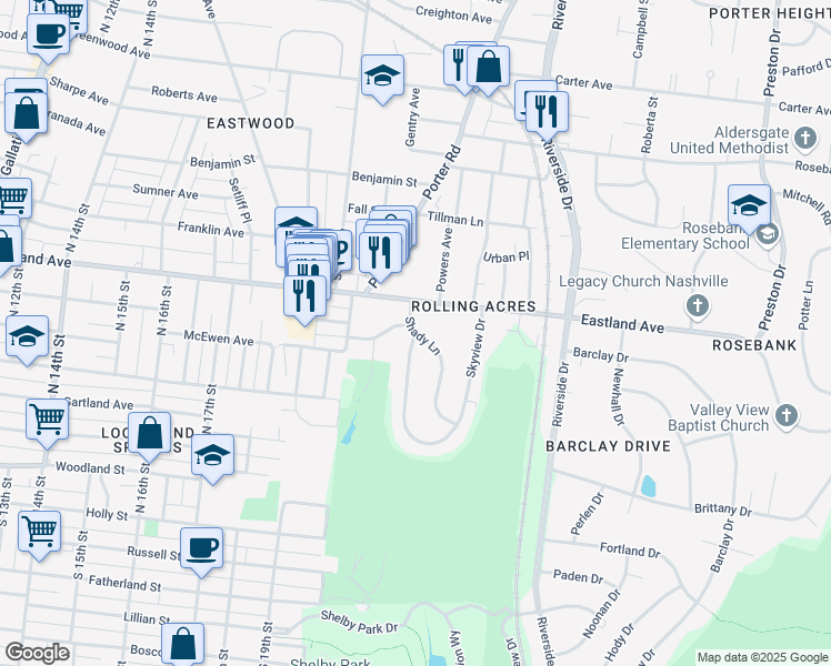 map of restaurants, bars, coffee shops, grocery stores, and more near 638 Skyview Drive in Nashville