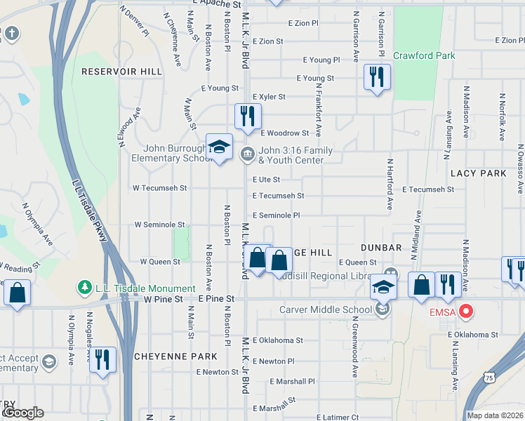 map of restaurants, bars, coffee shops, grocery stores, and more near 225 East Seminole Place in Tulsa