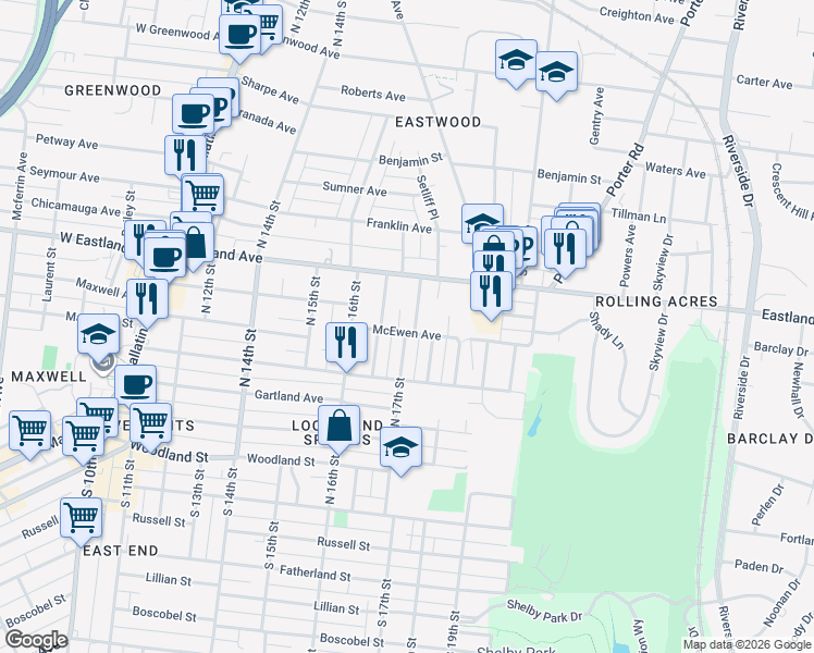 map of restaurants, bars, coffee shops, grocery stores, and more near 500 North 17th Street in Nashville