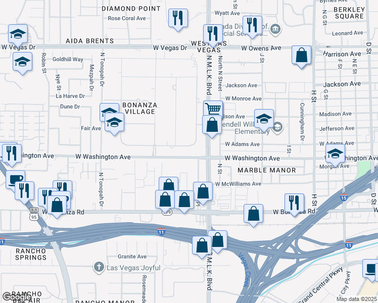 map of restaurants, bars, coffee shops, grocery stores, and more near 1713 Ophir Drive in Las Vegas