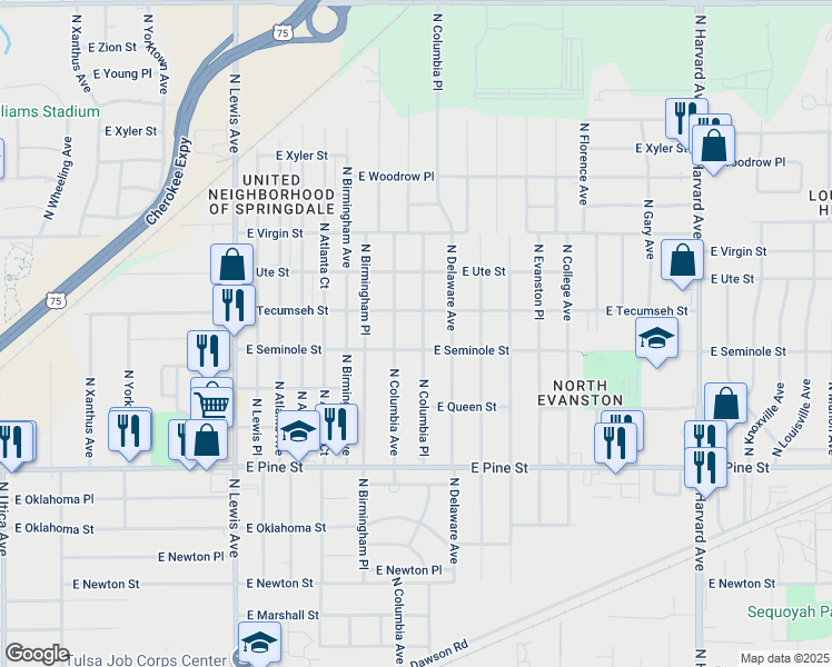 map of restaurants, bars, coffee shops, grocery stores, and more near 1814 North Columbia Place in Tulsa