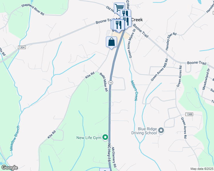 map of restaurants, bars, coffee shops, grocery stores, and more near 2461 Highway 16 in Millers Creek
