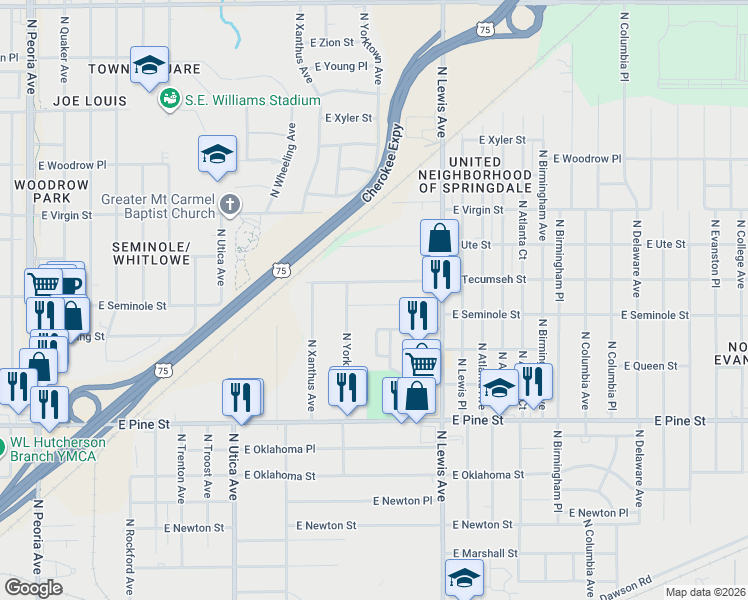 map of restaurants, bars, coffee shops, grocery stores, and more near 2130 East Tecumseh Street in Tulsa