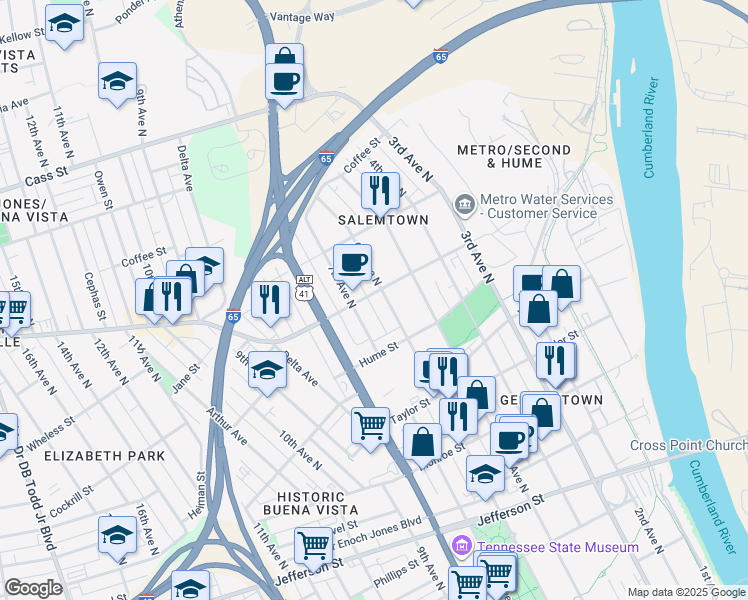 map of restaurants, bars, coffee shops, grocery stores, and more near 600 Garfield Street in Nashville