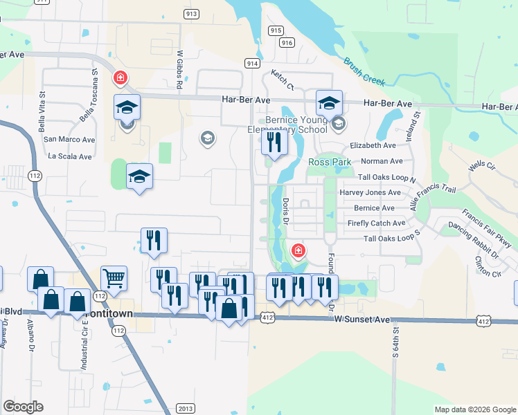 map of restaurants, bars, coffee shops, grocery stores, and more near 7165 Floy Court in Springdale