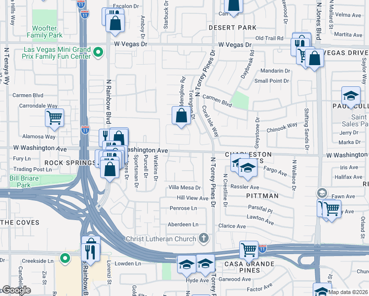 map of restaurants, bars, coffee shops, grocery stores, and more near 6521 Wild River Drive in Las Vegas