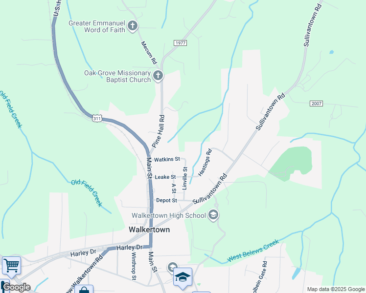 map of restaurants, bars, coffee shops, grocery stores, and more near 3785 Watkins Street in Walkertown