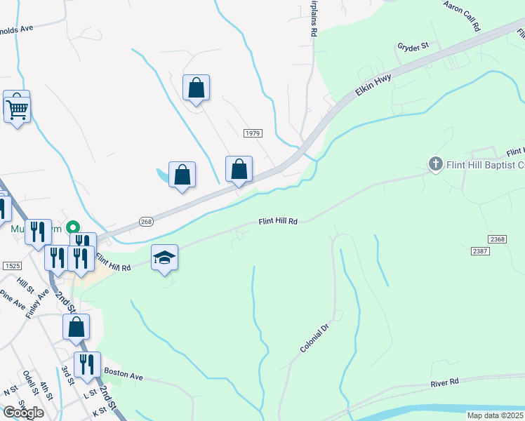 map of restaurants, bars, coffee shops, grocery stores, and more near 785 Flint Hill Road in North Wilkesboro