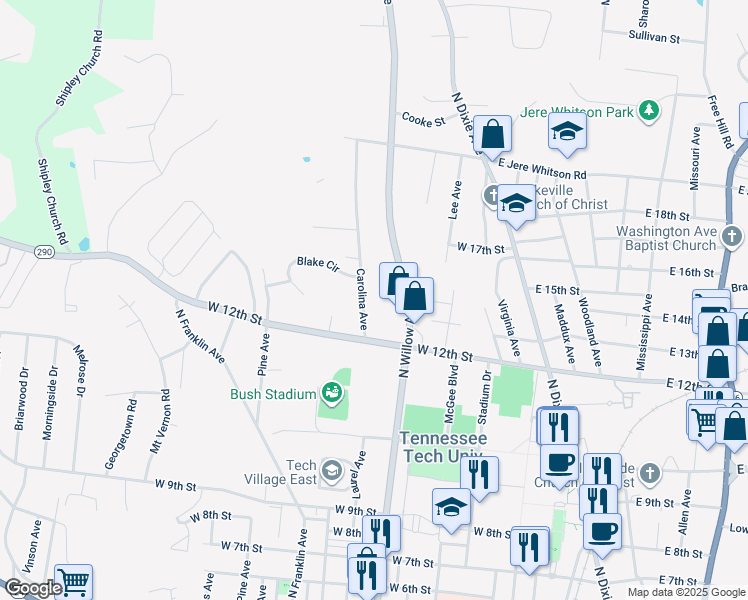map of restaurants, bars, coffee shops, grocery stores, and more near 1229 Carolina Avenue in Cookeville