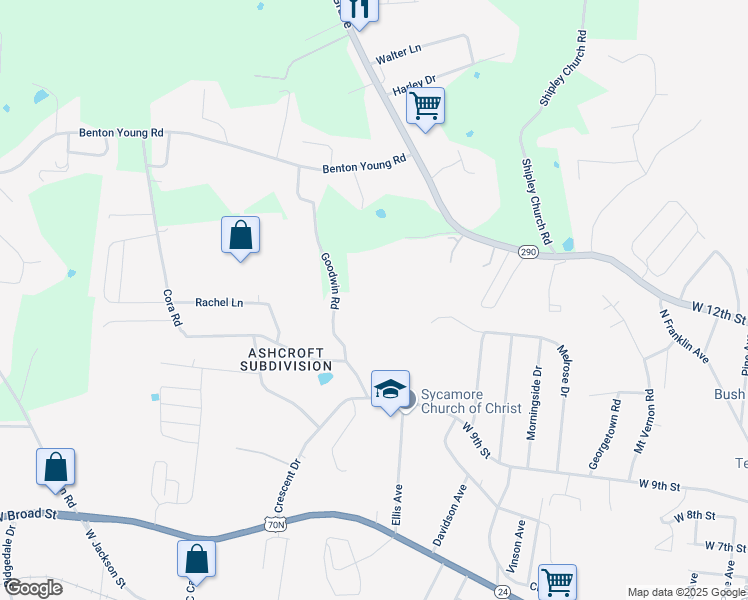 map of restaurants, bars, coffee shops, grocery stores, and more near 1017 Goodwin Road in Cookeville