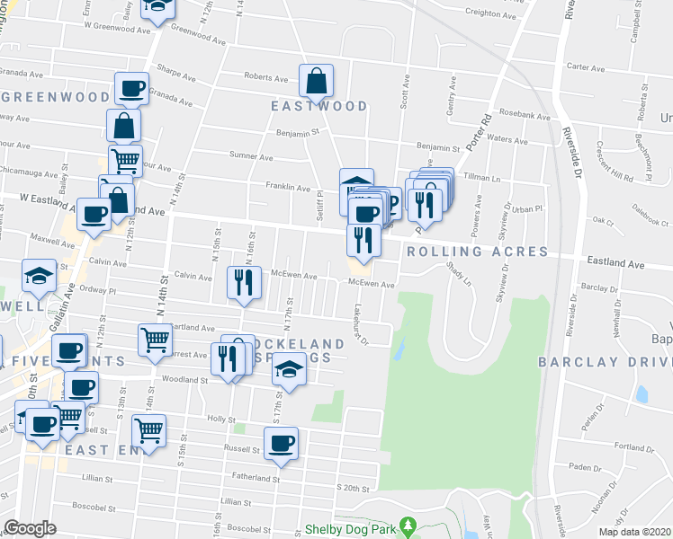 map of restaurants, bars, coffee shops, grocery stores, and more near 506 North 18th Street in Nashville