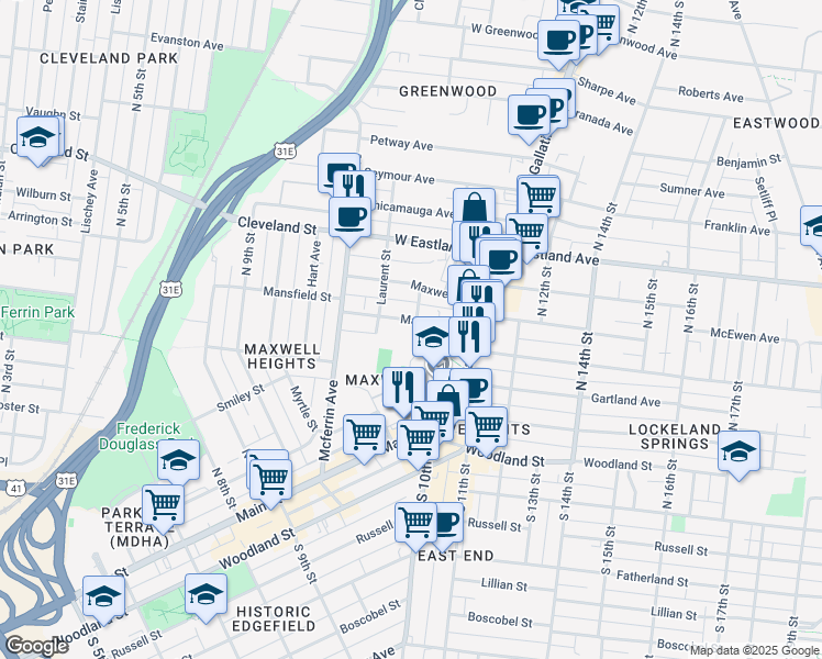map of restaurants, bars, coffee shops, grocery stores, and more near 1008 Mansfield Street in Nashville