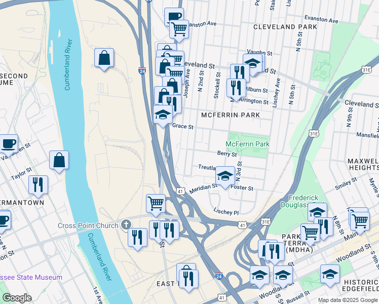 map of restaurants, bars, coffee shops, grocery stores, and more near 123 Berry Street in Nashville