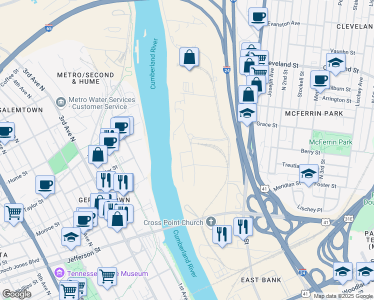 map of restaurants, bars, coffee shops, grocery stores, and more near 2161 Waterside Drive in Nashville