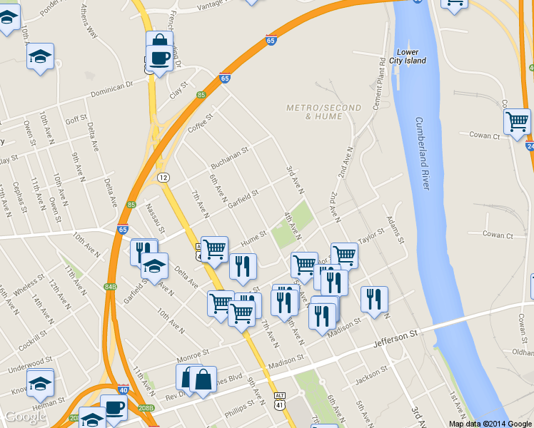 map of restaurants, bars, coffee shops, grocery stores, and more near 1612C 5th Avenue North in Nashville