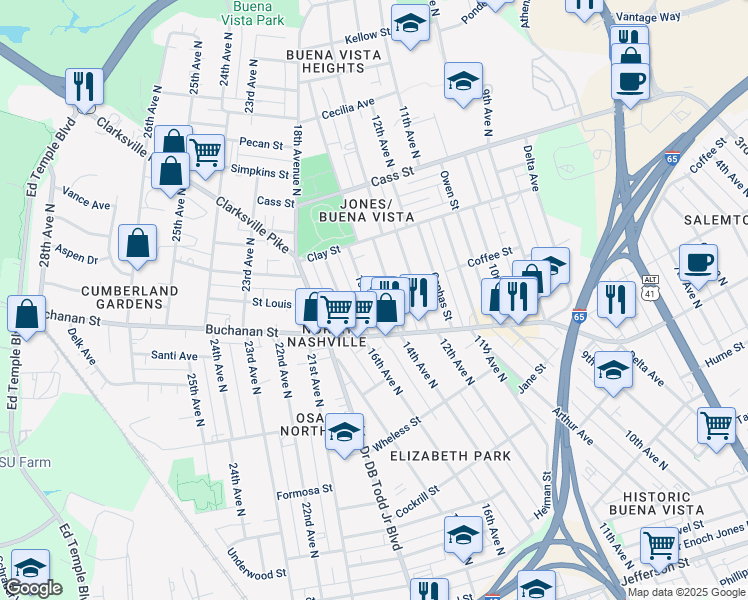 map of restaurants, bars, coffee shops, grocery stores, and more near 1903 15th Avenue North in Nashville