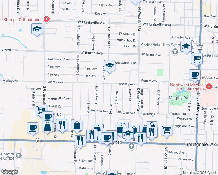 map of restaurants, bars, coffee shops, grocery stores, and more near 1951 McRay Avenue in Springdale