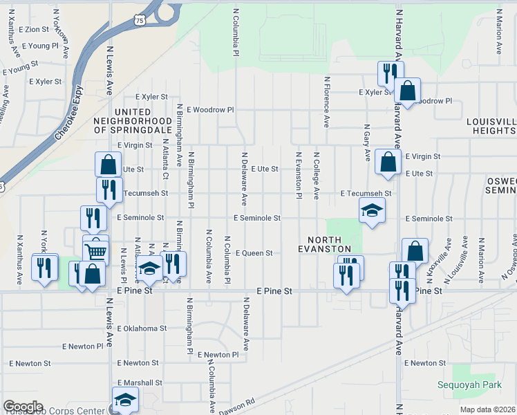 map of restaurants, bars, coffee shops, grocery stores, and more near 1822 North Delaware Place in Tulsa