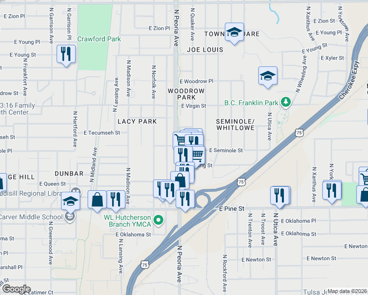 map of restaurants, bars, coffee shops, grocery stores, and more near 1816 North Quaker Avenue in Tulsa