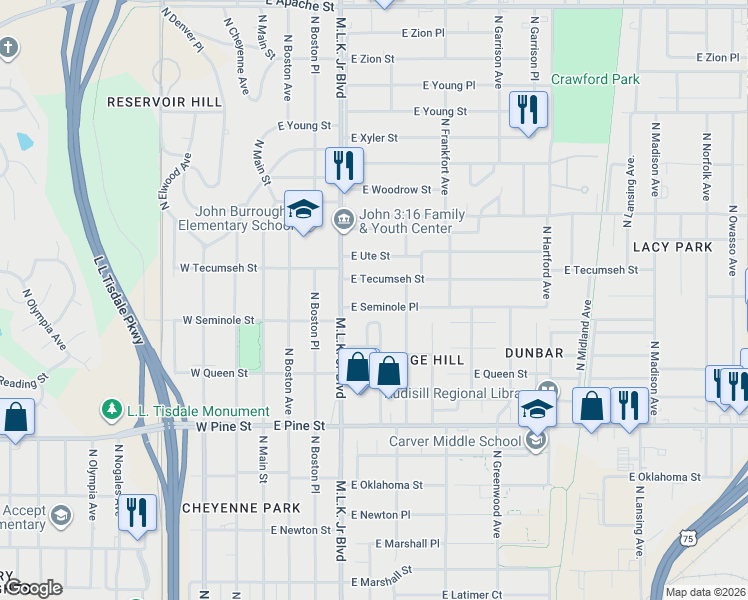 map of restaurants, bars, coffee shops, grocery stores, and more near 225 East Seminole Place in Tulsa