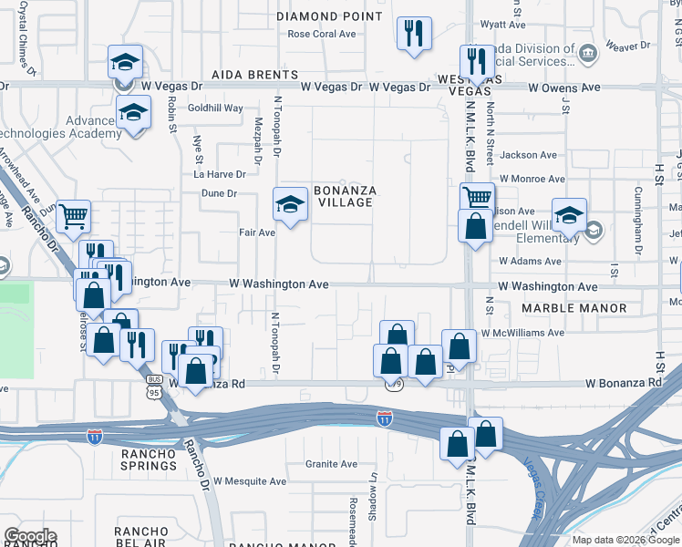 map of restaurants, bars, coffee shops, grocery stores, and more near 1931 Ophir Drive in Las Vegas