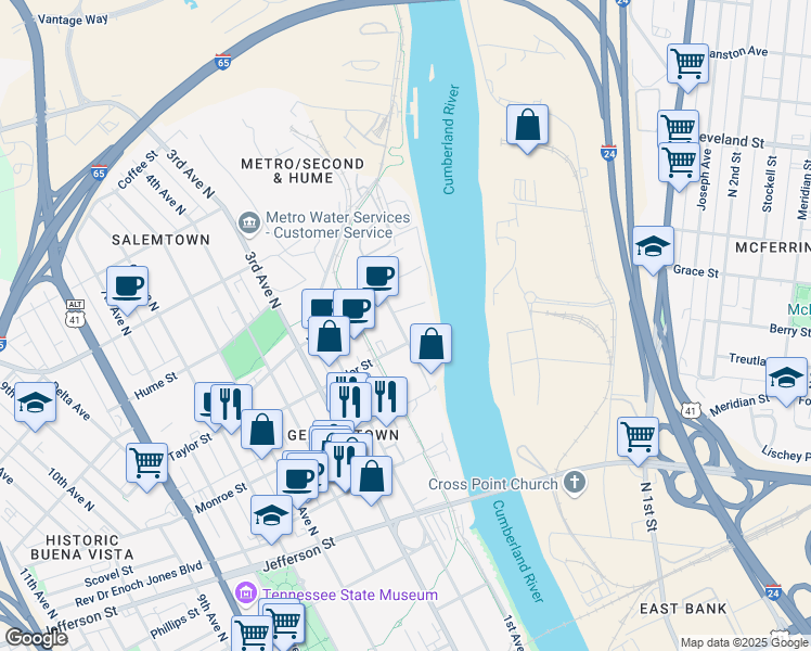 map of restaurants, bars, coffee shops, grocery stores, and more near 1390 Adams Street in Nashville