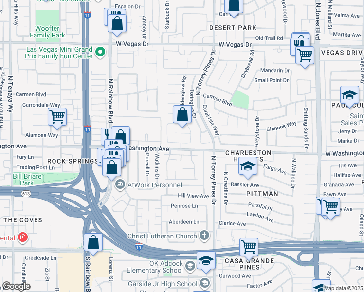 map of restaurants, bars, coffee shops, grocery stores, and more near 6521 Wild River Drive in Las Vegas
