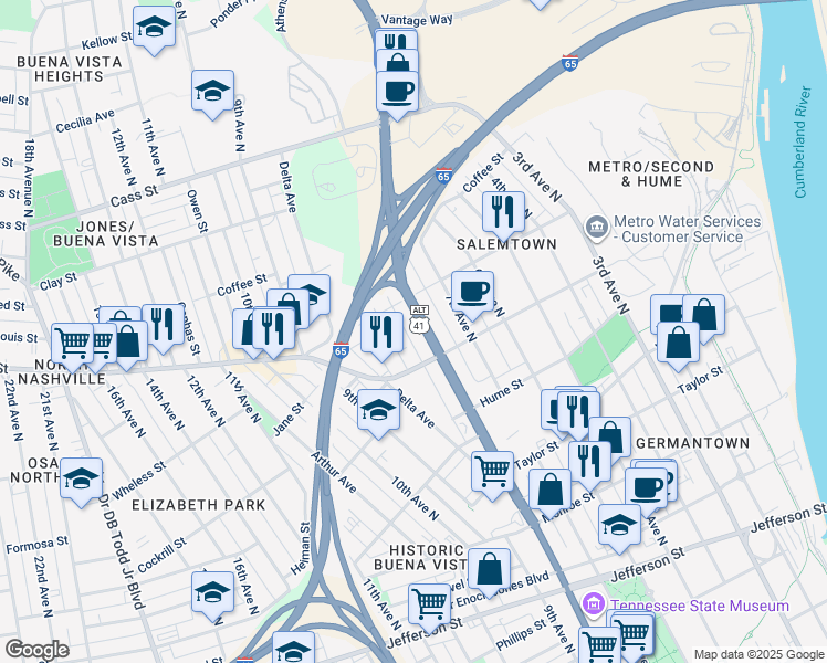 map of restaurants, bars, coffee shops, grocery stores, and more near 1715 Rosa L Parks Boulevard in Nashville