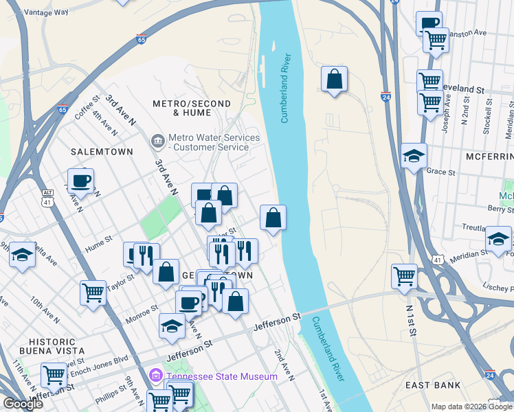 map of restaurants, bars, coffee shops, grocery stores, and more near 1390 Adams Street in Nashville