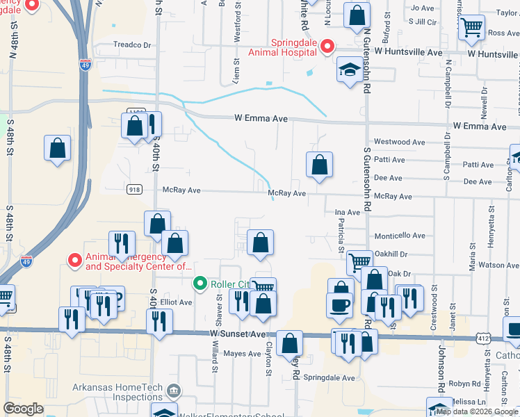 map of restaurants, bars, coffee shops, grocery stores, and more near 600 Shaver Street in Springdale