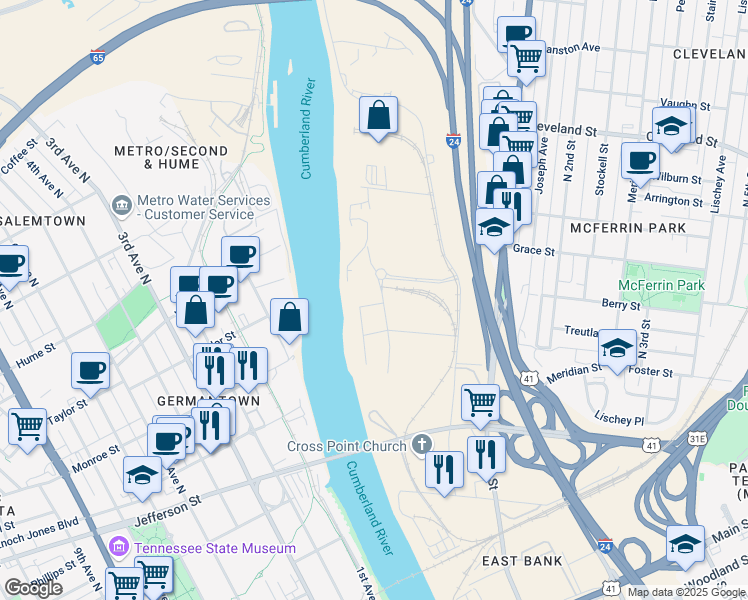 map of restaurants, bars, coffee shops, grocery stores, and more near 2161 Waterside Drive in Nashville