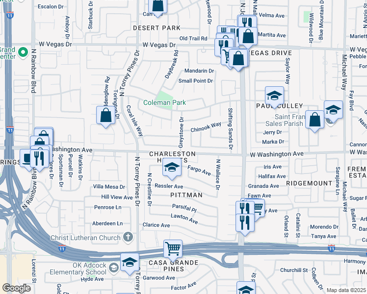 map of restaurants, bars, coffee shops, grocery stores, and more near 909 Greystone Drive in Las Vegas