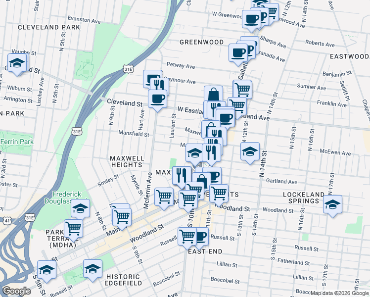 map of restaurants, bars, coffee shops, grocery stores, and more near 1008 Mansfield Street in Nashville