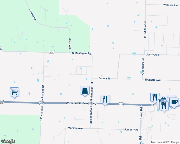 map of restaurants, bars, coffee shops, grocery stores, and more near 415 North Mantegani Road in Springdale