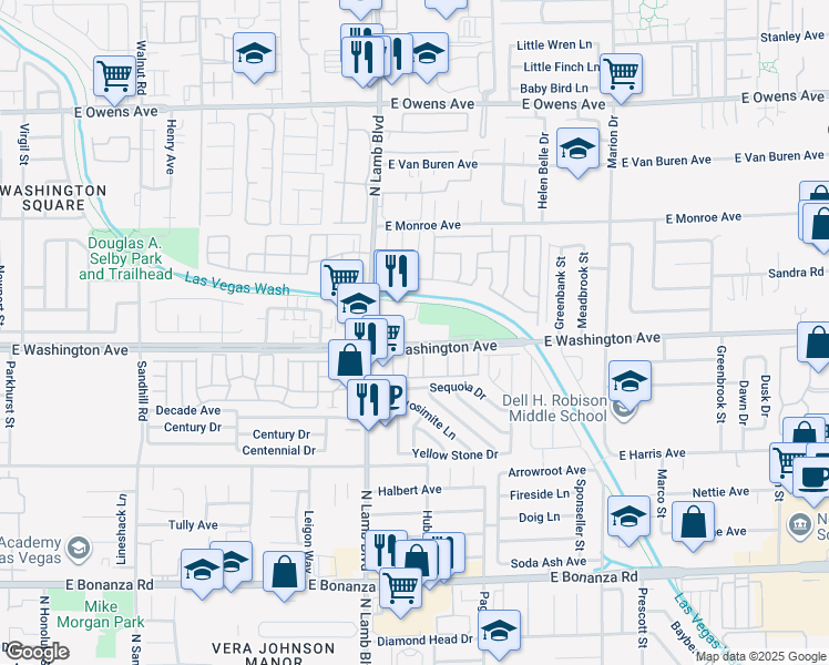 map of restaurants, bars, coffee shops, grocery stores, and more near 4450 E Washington Ave in Las Vegas