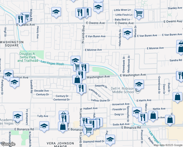 map of restaurants, bars, coffee shops, grocery stores, and more near 4450 East Washington Avenue in Las Vegas