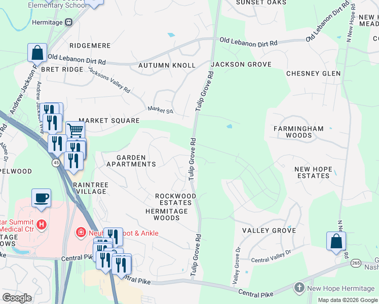 map of restaurants, bars, coffee shops, grocery stores, and more near 100 Tulip Grove Point in Nashville