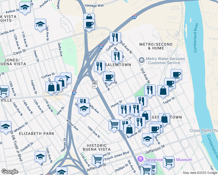 map of restaurants, bars, coffee shops, grocery stores, and more near 600 Garfield Street in Nashville