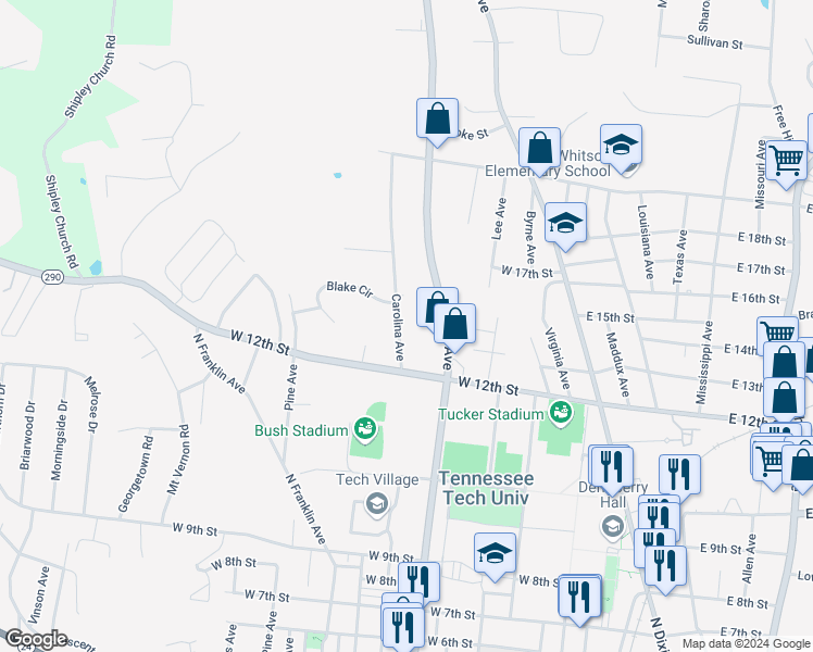 map of restaurants, bars, coffee shops, grocery stores, and more near 1229 Carolina Avenue in Cookeville