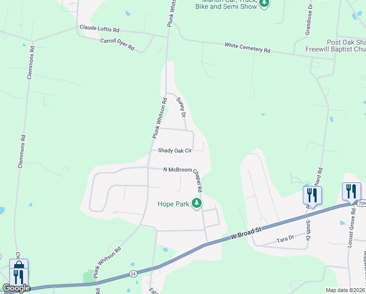 map of restaurants, bars, coffee shops, grocery stores, and more near 3694 Shady Oak Circle in Cookeville