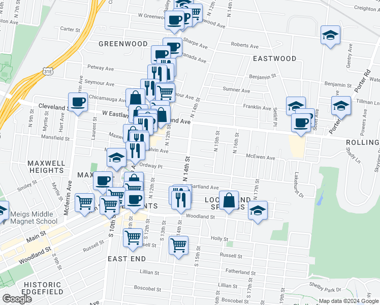 map of restaurants, bars, coffee shops, grocery stores, and more near 1401 Calvin Avenue in Nashville