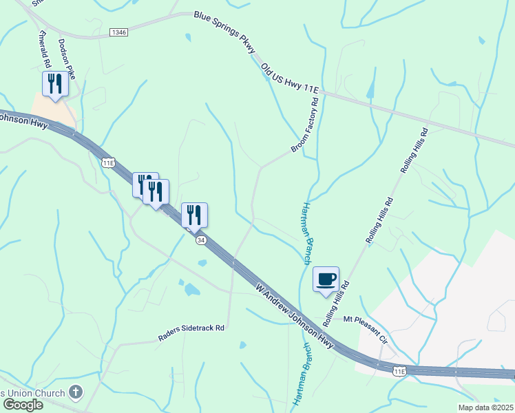 map of restaurants, bars, coffee shops, grocery stores, and more near 222 Broom Factory Road in Greeneville