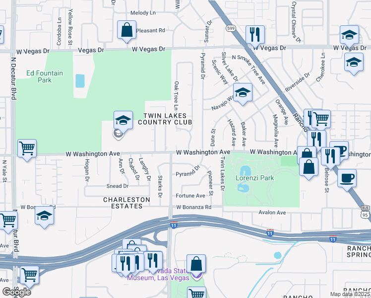 map of restaurants, bars, coffee shops, grocery stores, and more near 901 Woodbridge Dr in Las Vegas
